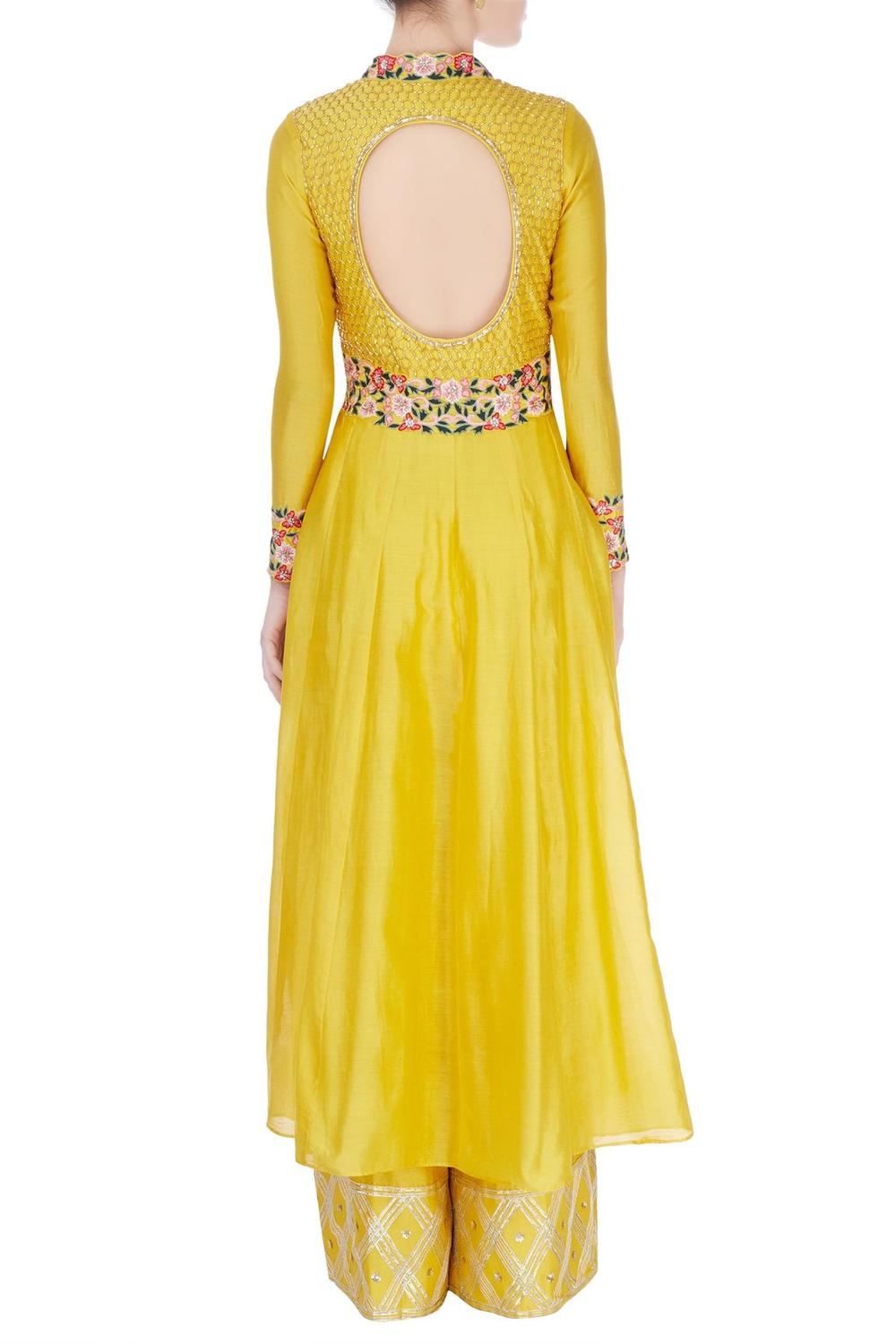 Yellow Embroidered Kurta Jacket And Pants