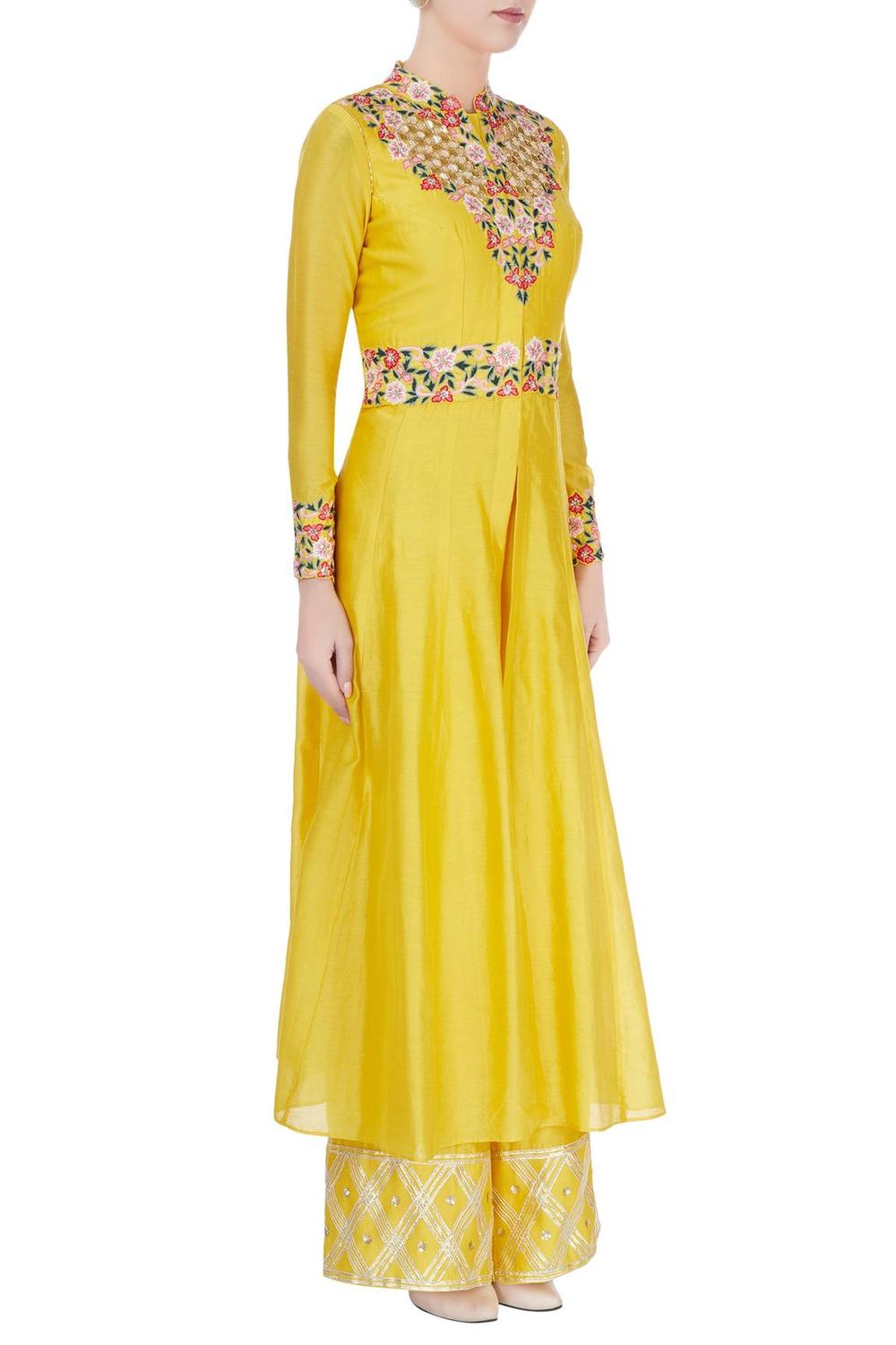 Yellow Embroidered Kurta Jacket And Pants