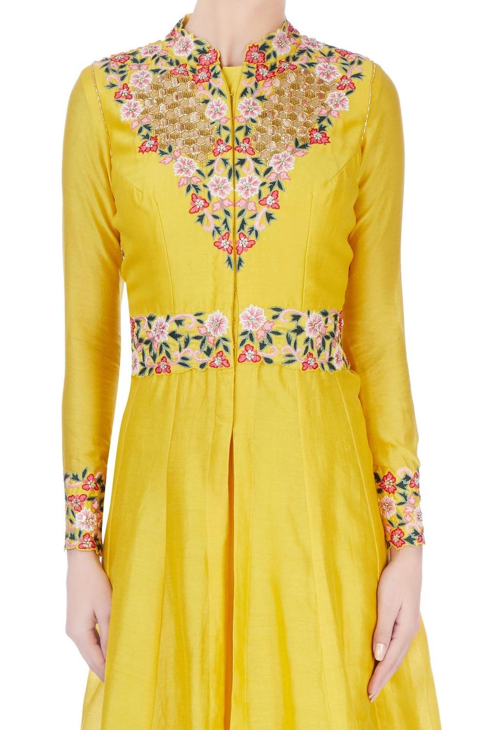 Yellow Embroidered Kurta Jacket And Pants