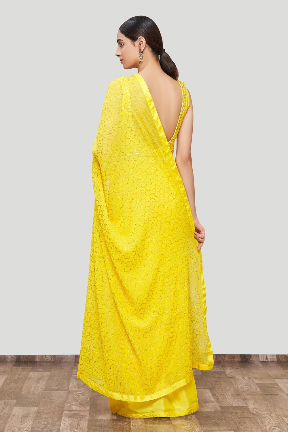 Yellow Georgette Embellished Saree With Blouse