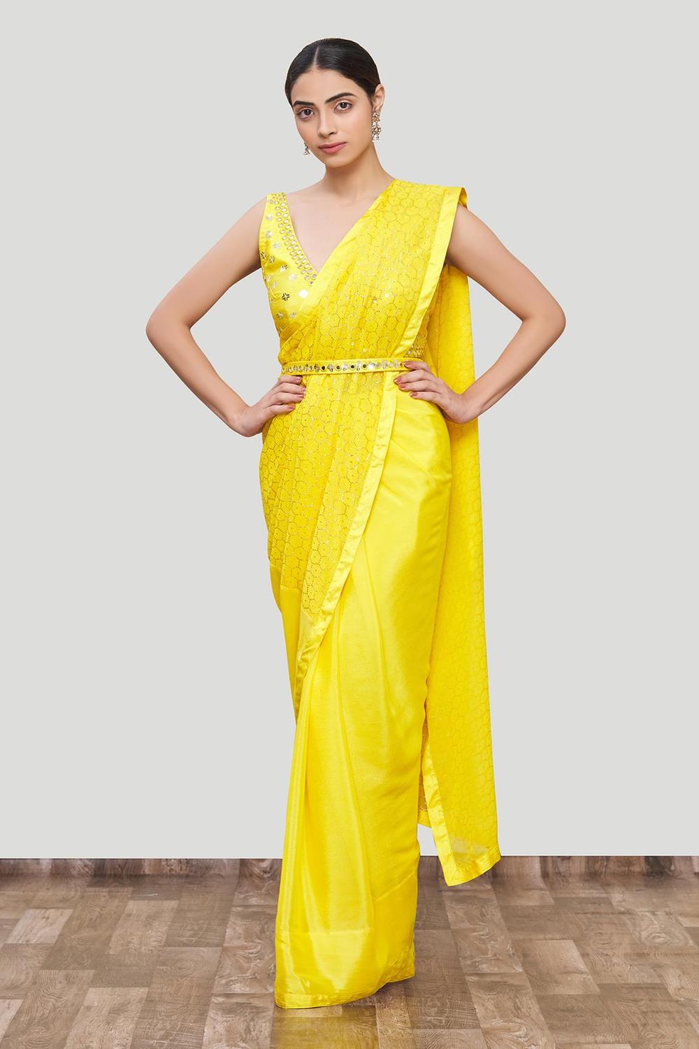 Yellow Georgette Embellished Saree With Blouse