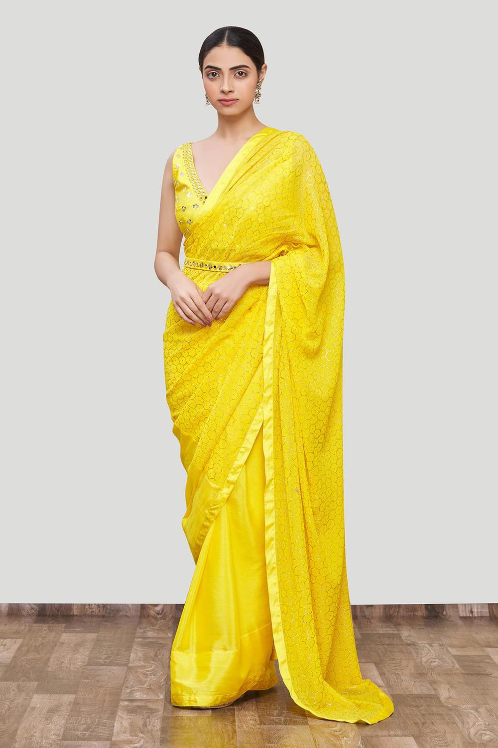 Yellow Georgette Embellished Saree With Blouse