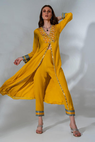 Yellow Georgette Floral Applique Embroidered Kurta Set