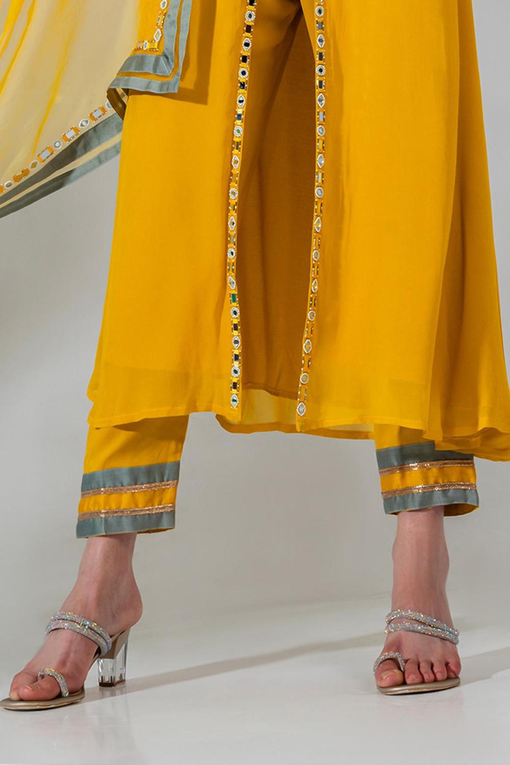 Yellow Georgette Floral Applique Embroidered Kurta Set