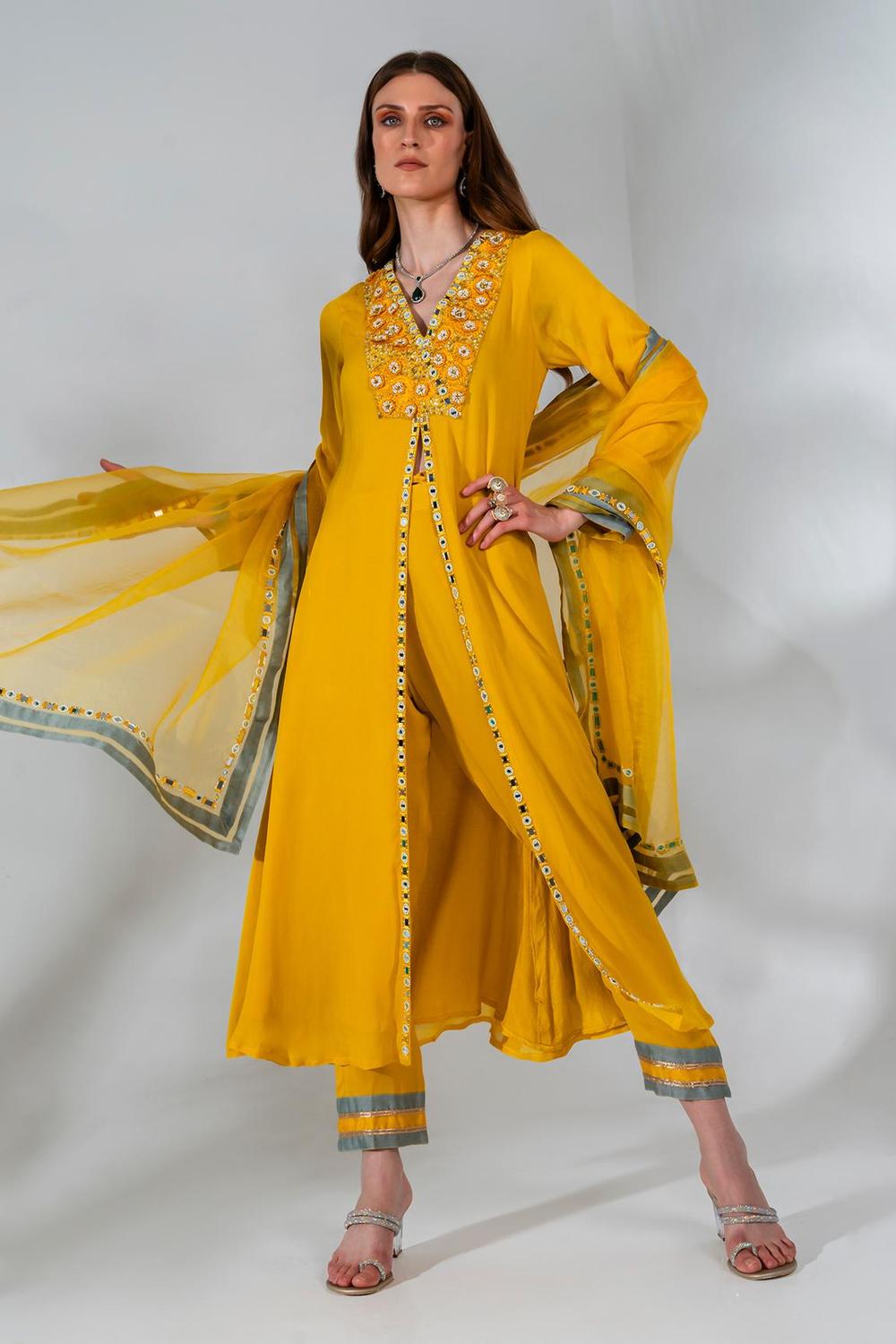 Yellow Georgette Floral Applique Embroidered Kurta Set