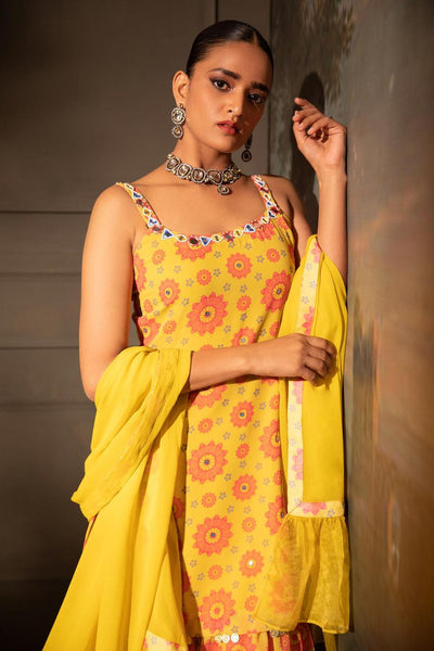 Yellow Georgette Floral Print Kurta Set