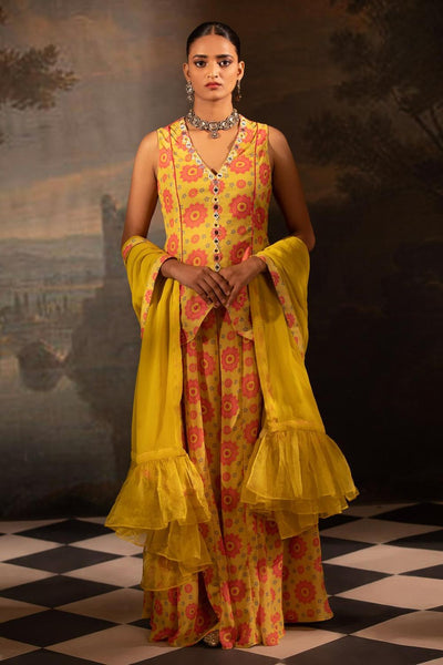 Yellow Georgette Floral Print Kurta Sharara Set