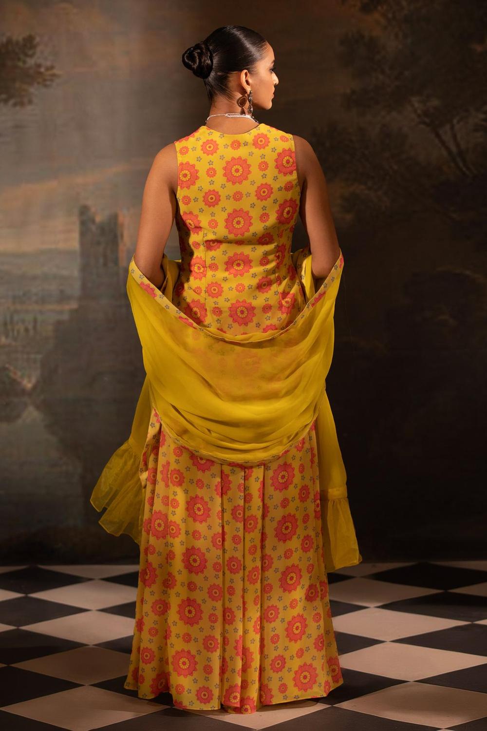 Yellow Georgette Floral Print Kurta Sharara Set