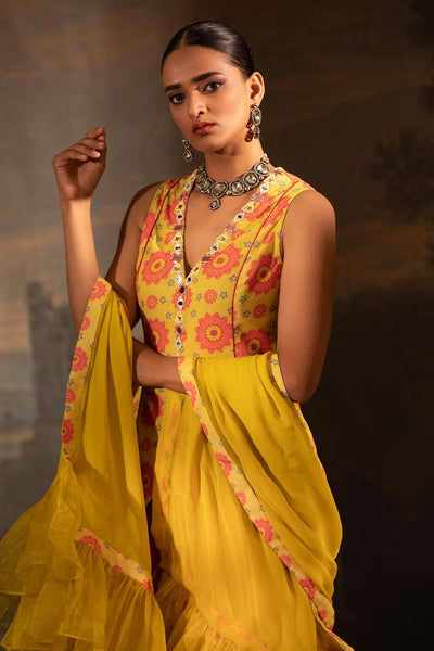 Yellow Georgette Floral Print Kurta Sharara Set