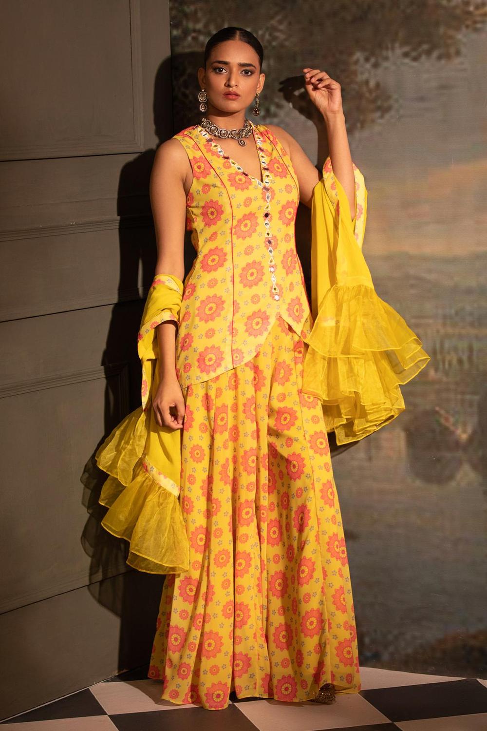 Yellow Georgette Floral Print Kurta Sharara Set