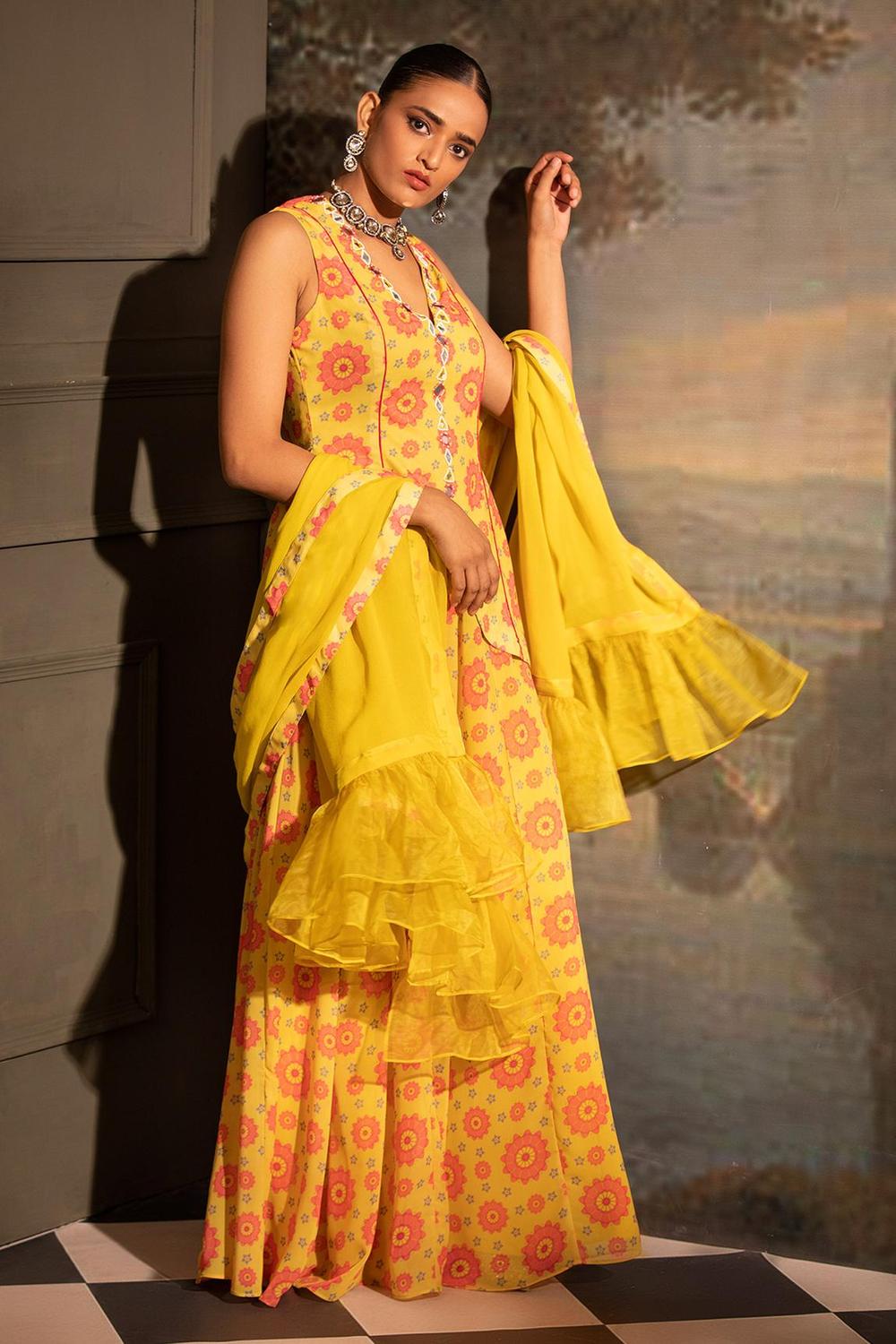 Yellow Georgette Floral Print Kurta Sharara Set