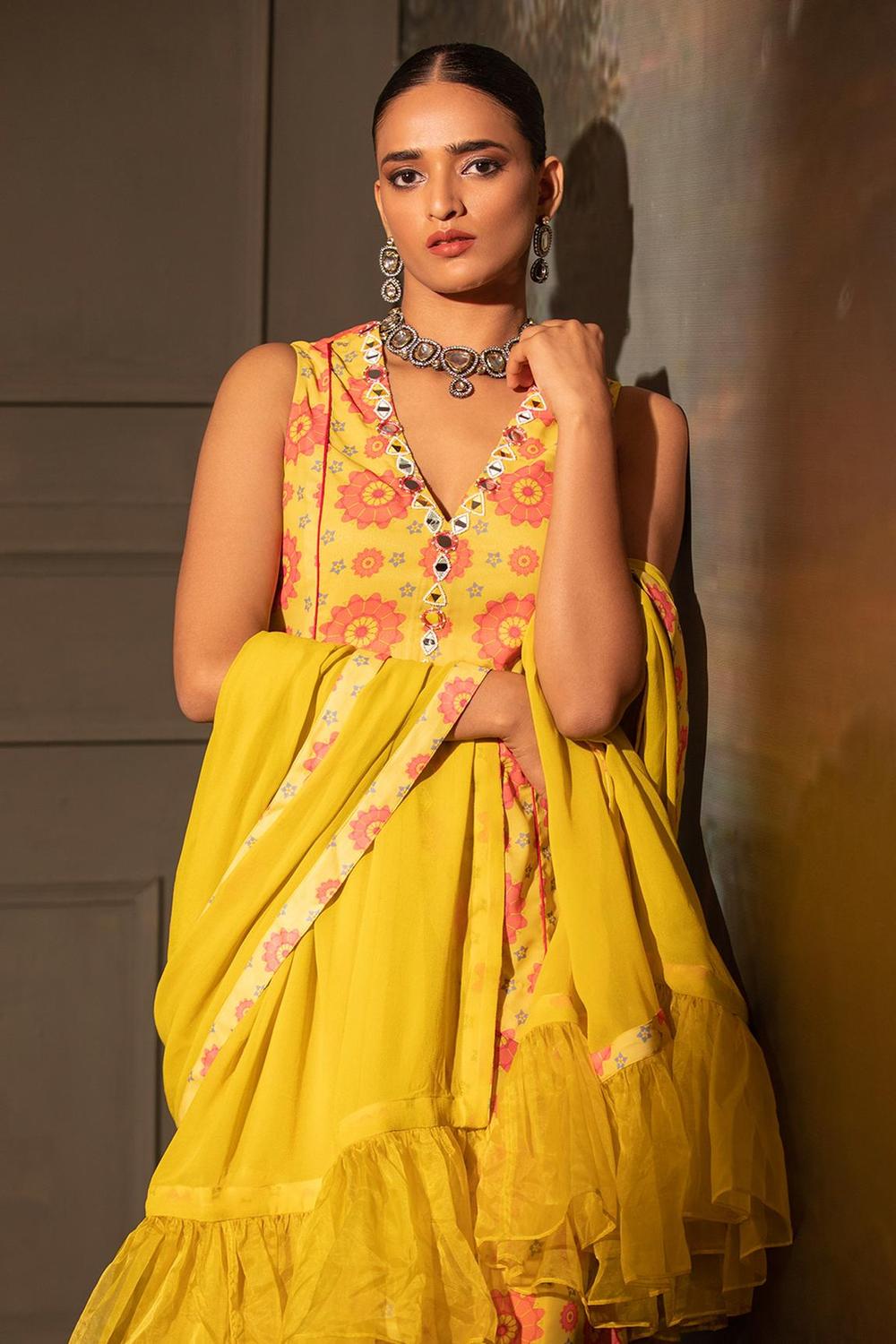 Yellow Georgette Floral Print Kurta Sharara Set