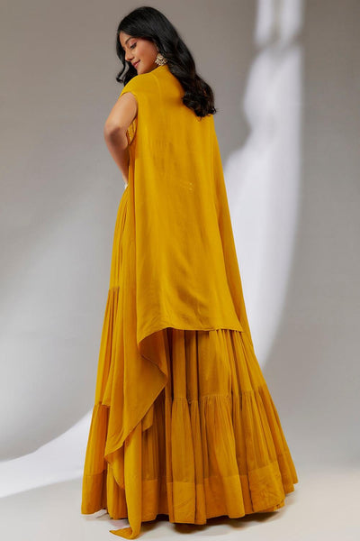 Yellow hand embroidered chiffon cape lehenga set