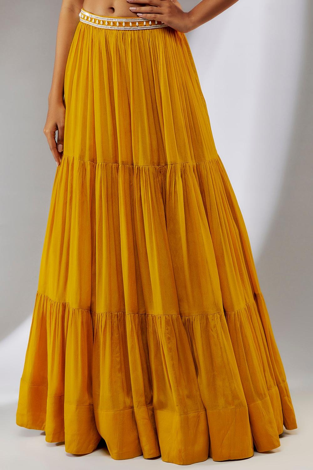 Yellow hand embroidered chiffon cape lehenga set