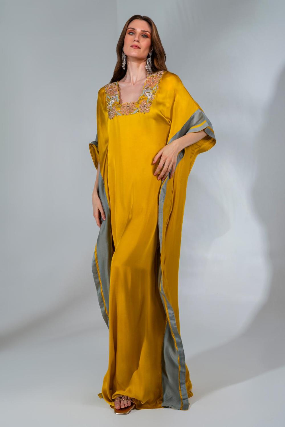 Yellow Modal Satin Floral Embeoidered Kaftan