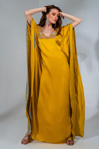 Yellow Modal Satin Floral Embeoidered Kaftan