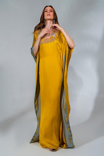 Yellow Modal Satin Floral Embeoidered Kaftan