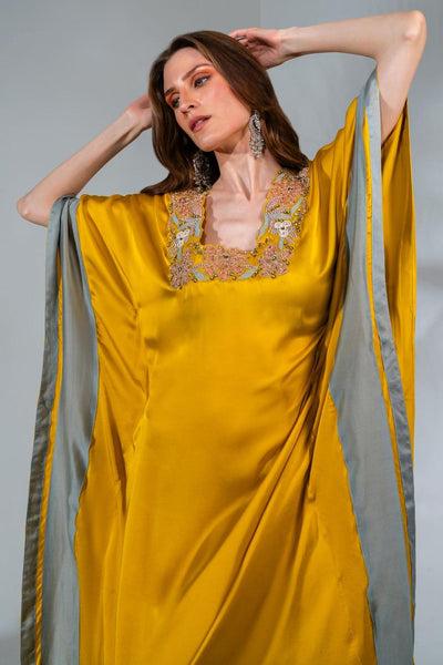 Yellow Modal Satin Floral Embeoidered Kaftan