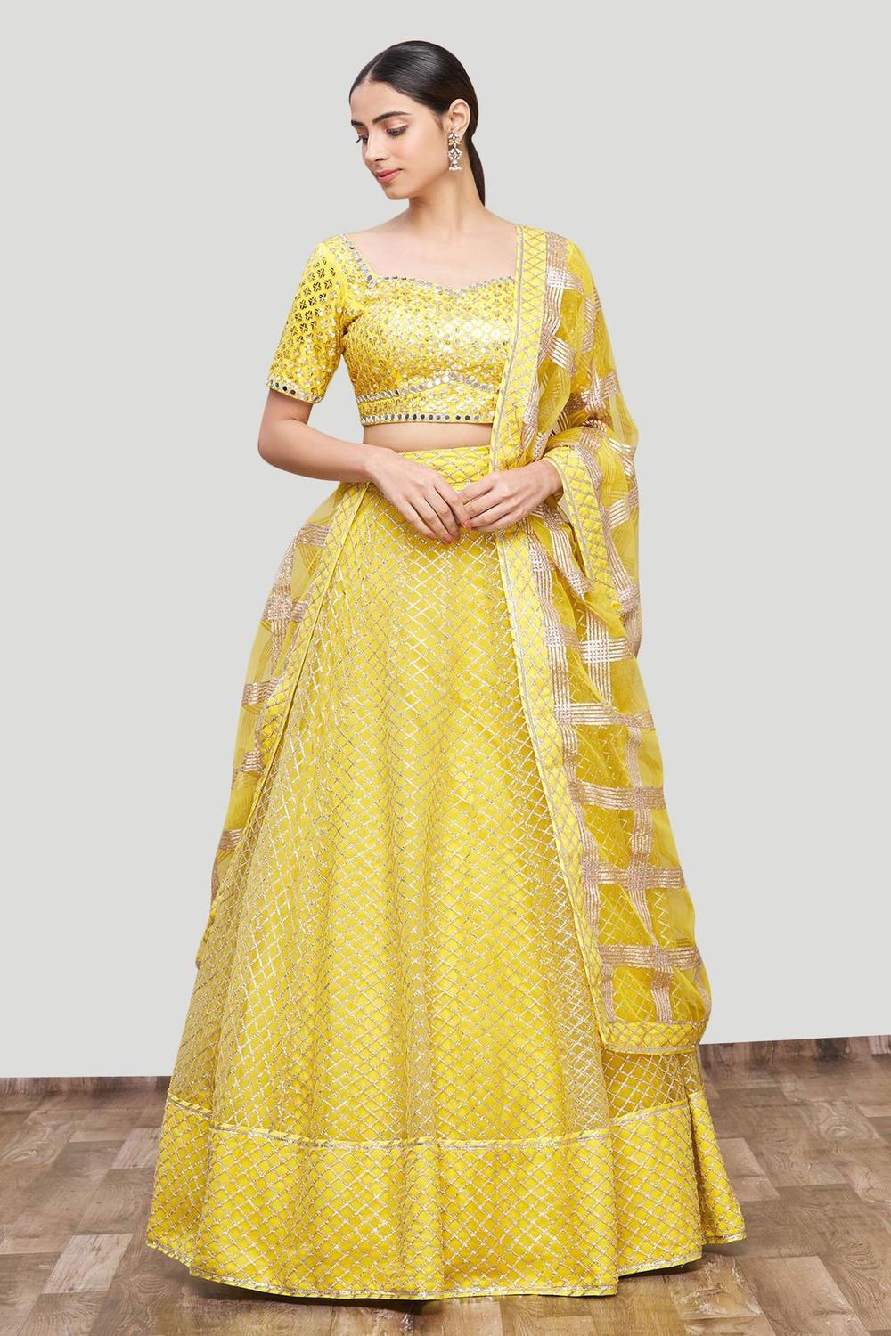 Yellow Net Embroidered Lehenga Set