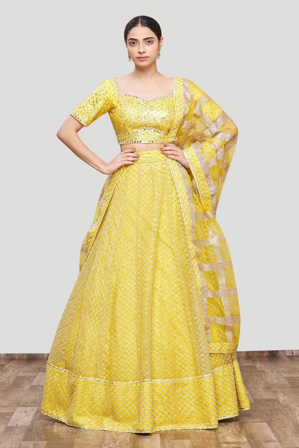 Yellow Net Embroidered Lehenga Set