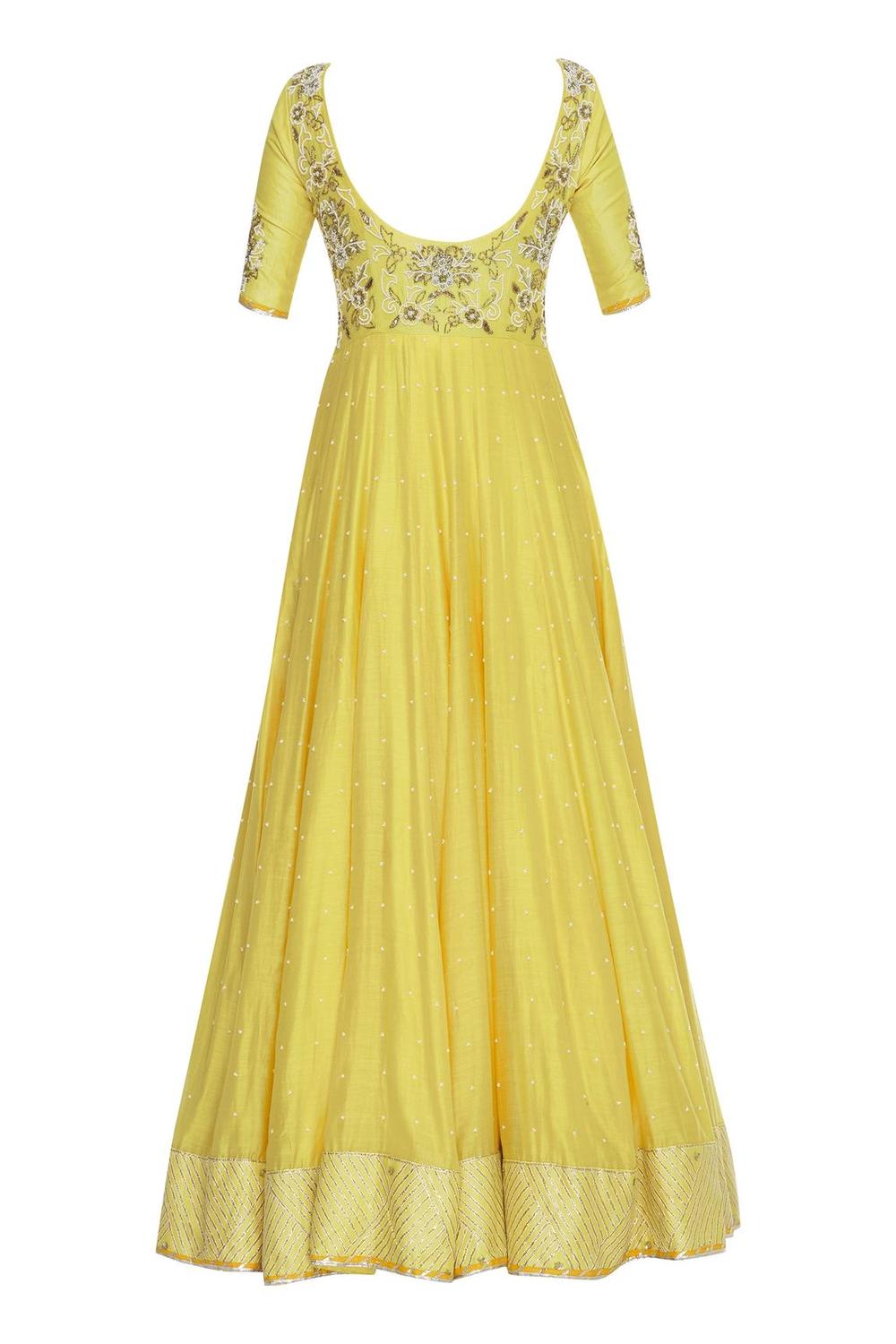 Yellow Pearl And Sequin Embrodiered Anarkali Kurta Set