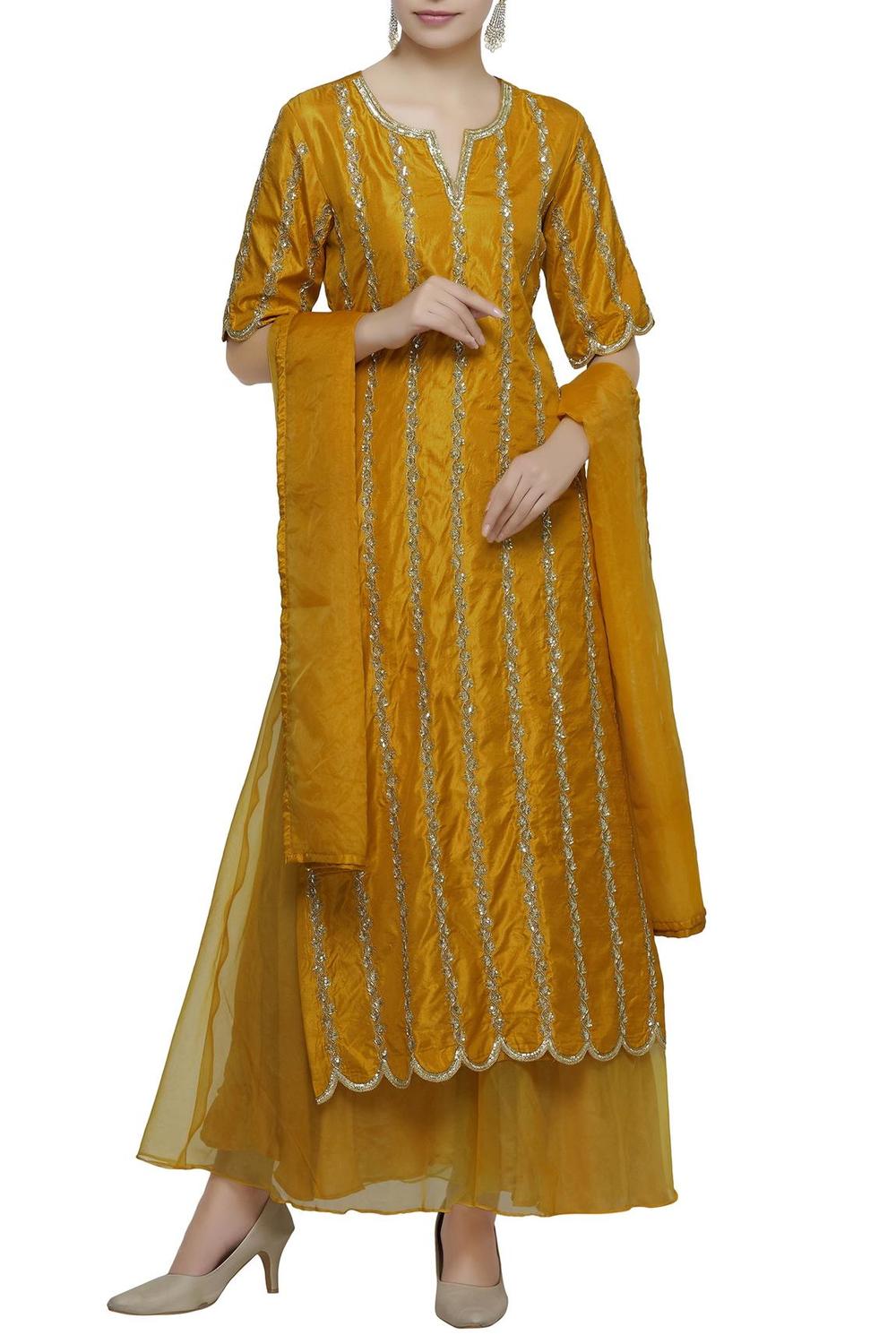 Yellow Raw Silk Embroidered Kurta Palazzo Set