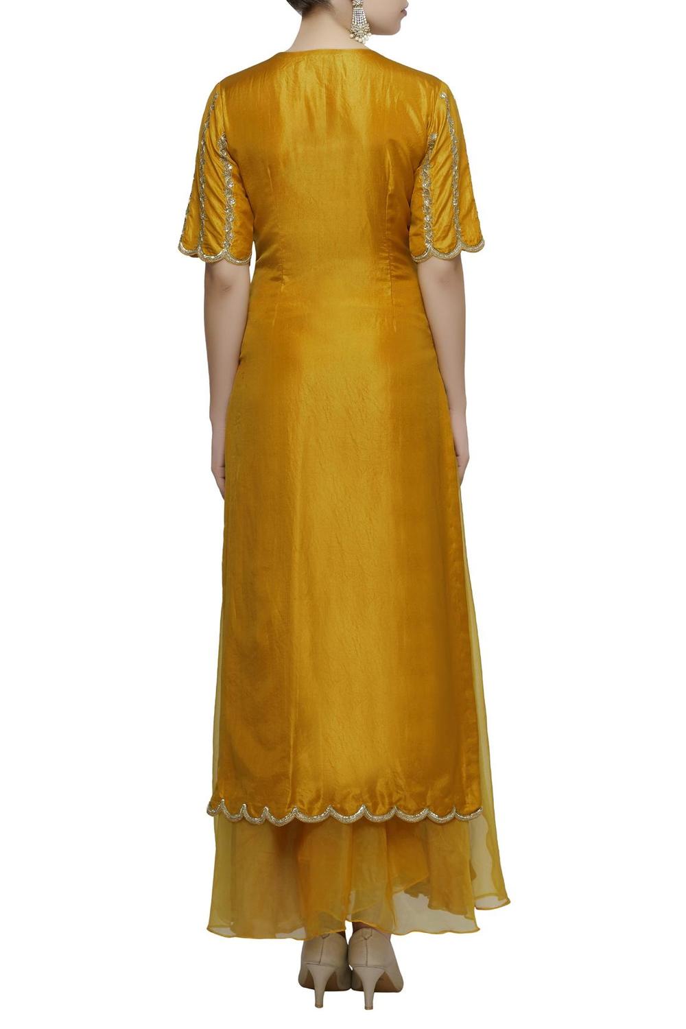 Yellow Raw Silk Embroidered Kurta Palazzo Set