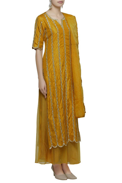 Yellow Raw Silk Embroidered Kurta Palazzo Set