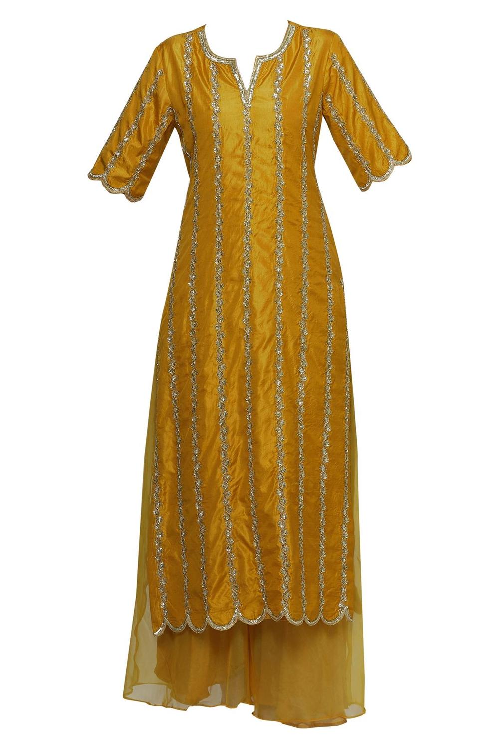 Yellow Raw Silk Embroidered Kurta Palazzo Set