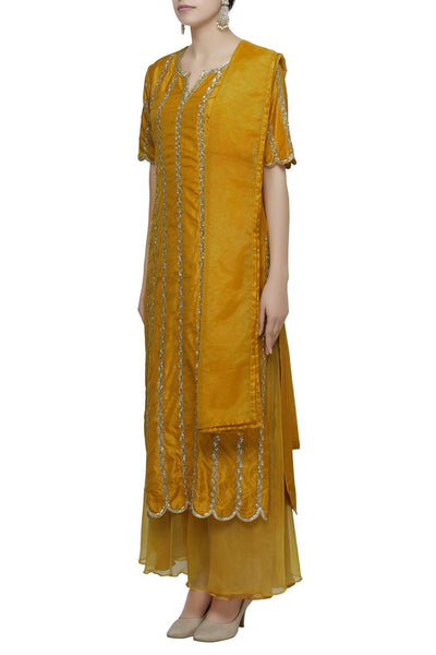 Yellow Raw Silk Embroidered Kurta Palazzo Set