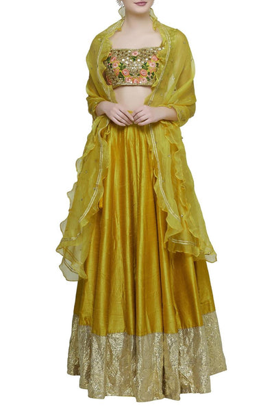 Yellow Raw Silk Embroidered Lehenga Set