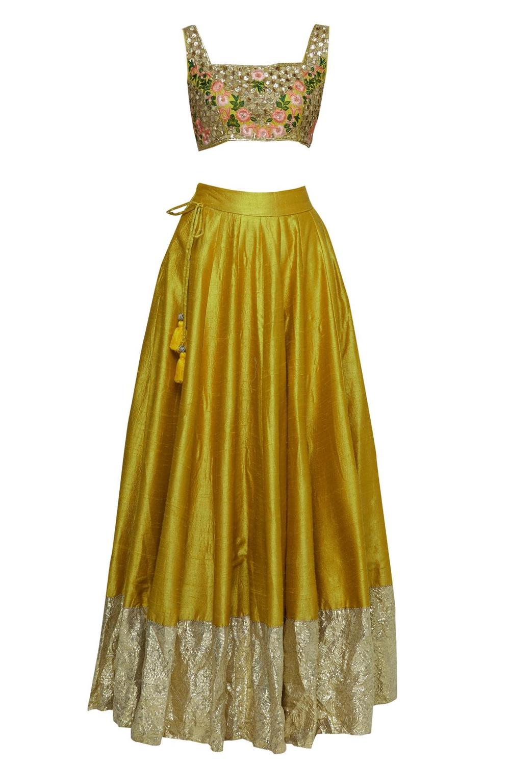 Yellow Raw Silk Embroidered Lehenga Set