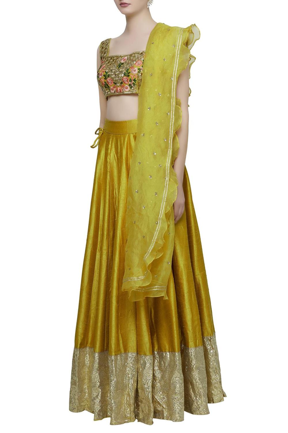 Yellow Raw Silk Embroidered Lehenga Set