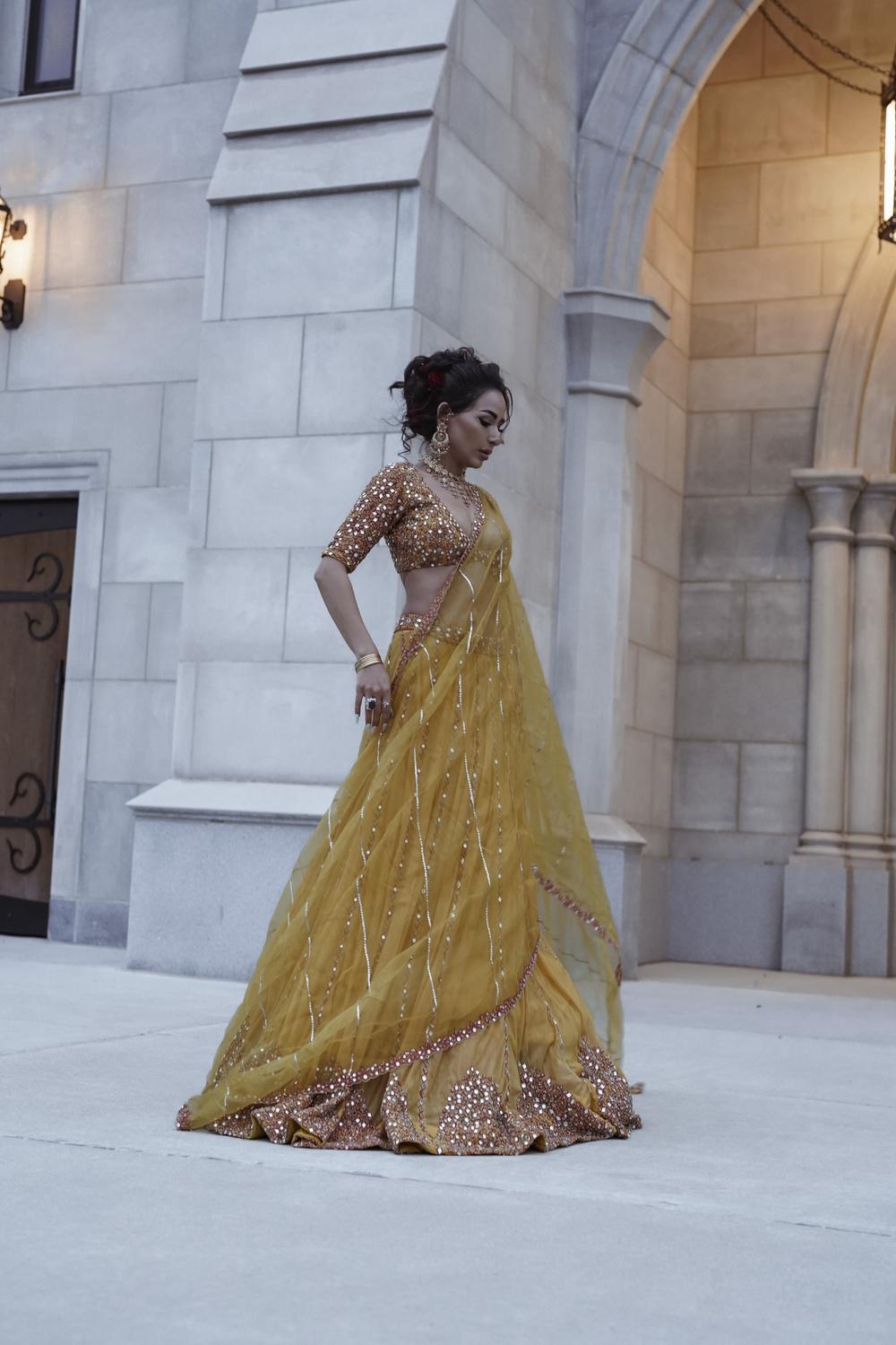 Yellow Tulle Mirror Embroidered Lehenga Set