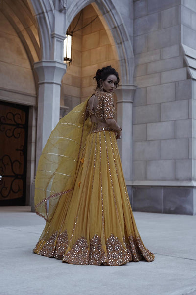 Yellow Tulle Mirror Embroidered Lehenga Set