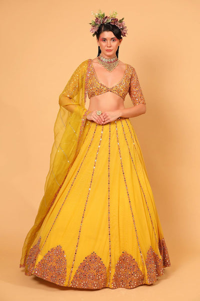 Yellow Tulle Mirror Embroidered Lehenga Set