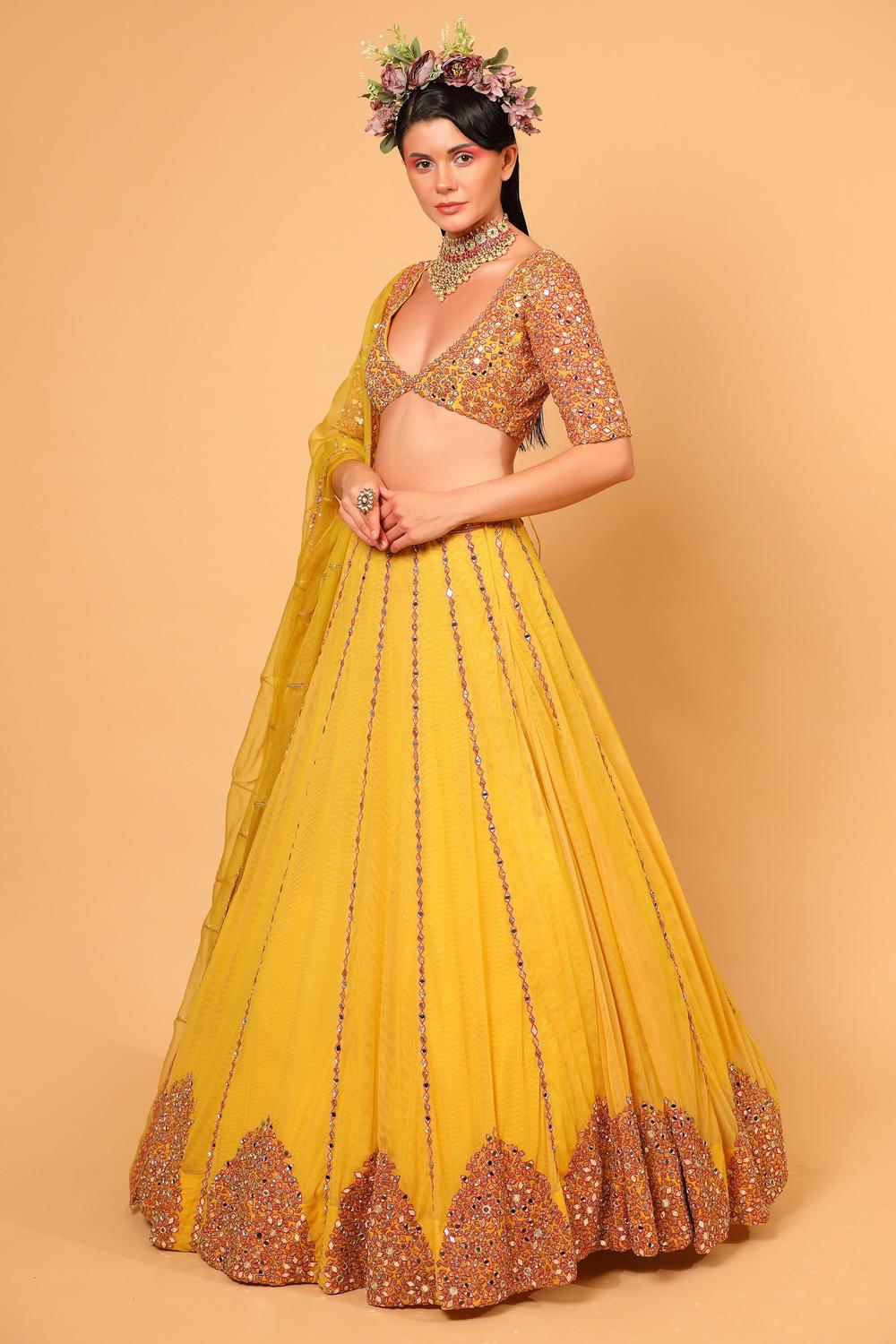 Yellow Tulle Mirror Embroidered Lehenga Set