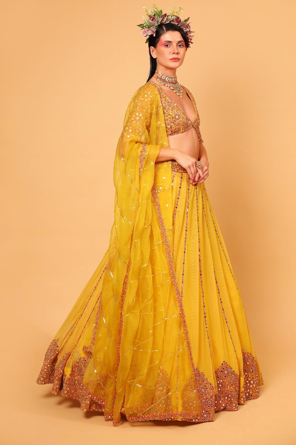 Yellow Tulle Mirror Embroidered Lehenga Set