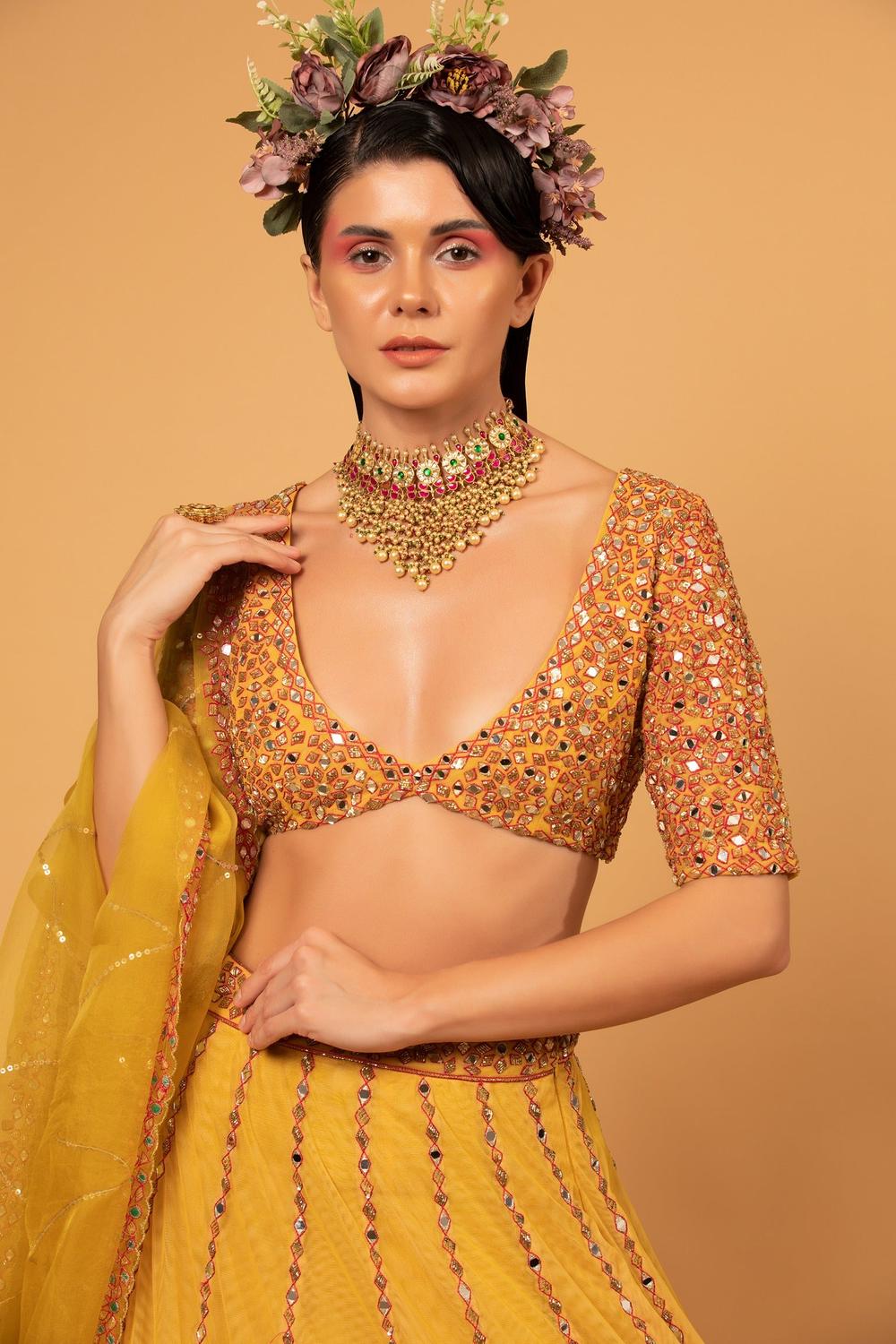 Yellow Tulle Mirror Embroidered Lehenga Set