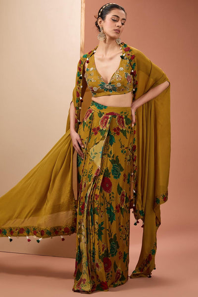 Yellow Viscose Chinon Digital Print Floral Draped Skirt Set With Cape For Women