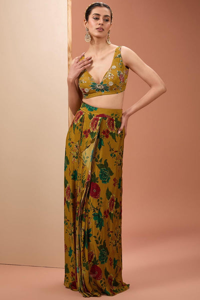 Yellow Viscose Chinon Digital Print Floral Draped Skirt Set With Cape For Women