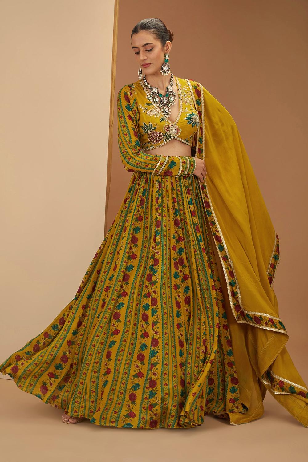 Yellow Viscose Chinon Printed And Embroidered Floral Stripe Lehenga Set For Women