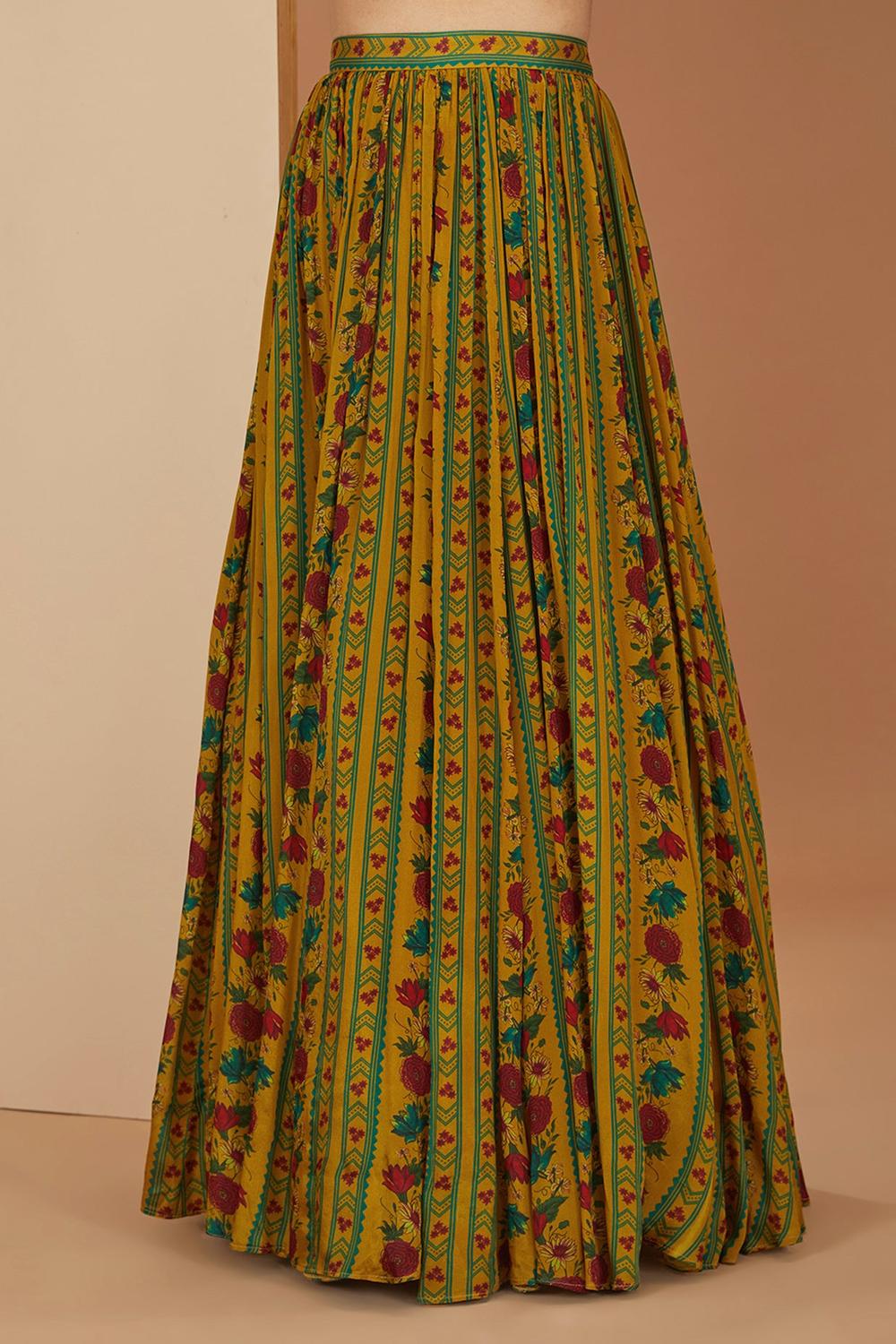 Yellow Viscose Chinon Printed And Embroidered Floral Stripe Lehenga Set For Women