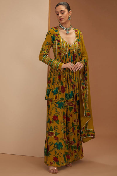 Yellow Viscose Chinon Printed And Embroidered Short Anarkali Sharara Set For Women