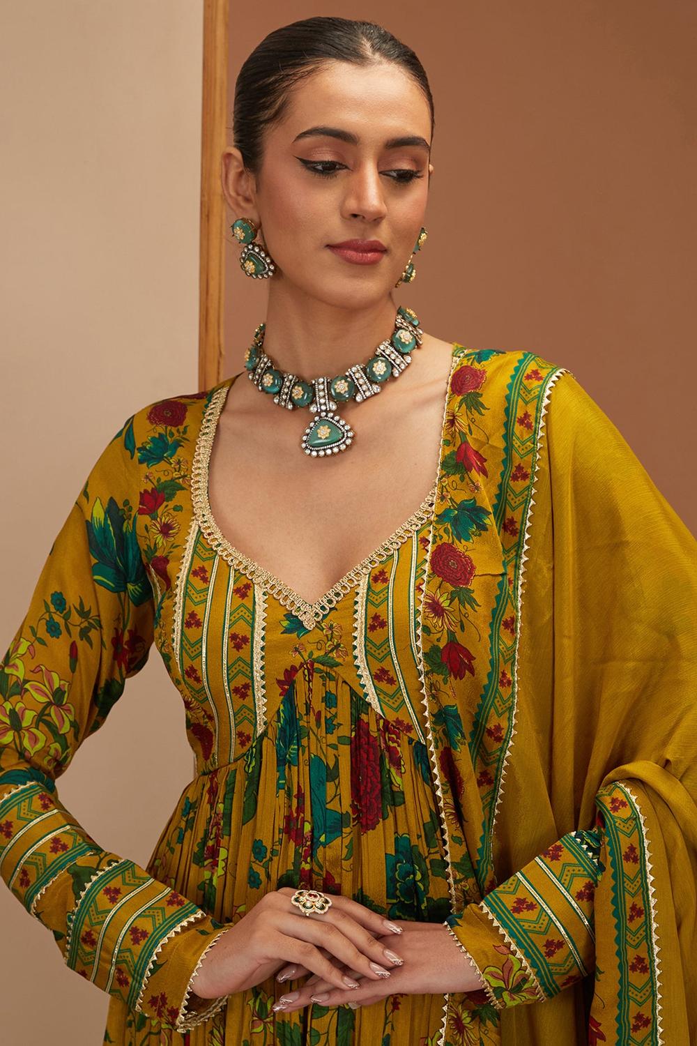 Yellow Viscose Chinon Printed And Embroidered Short Anarkali Sharara Set For Women