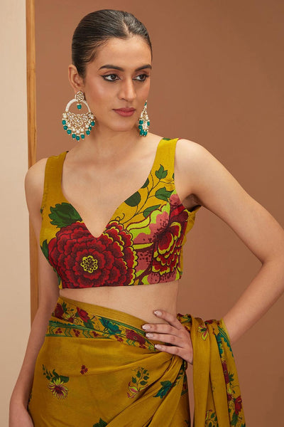 Yellow Viscose Chinon Printed Floral And Stripe Saree & Blouse Set For Women